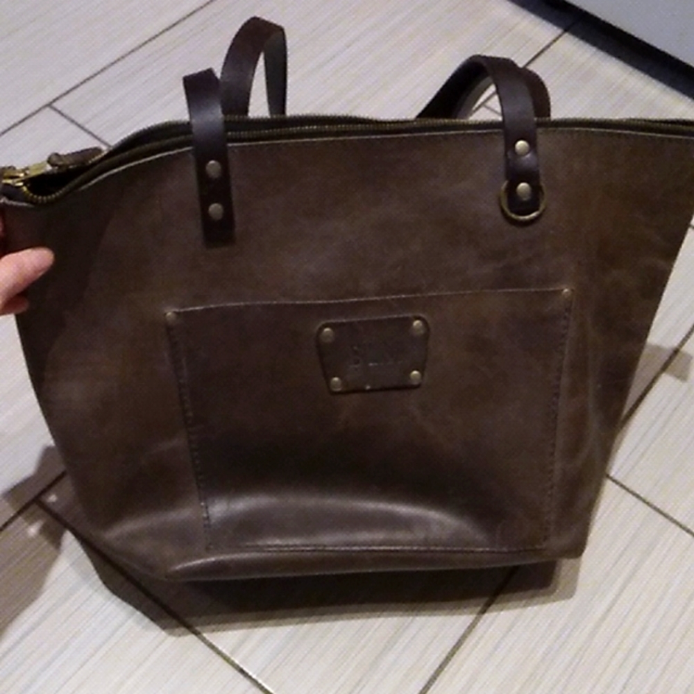 Portland Leather Goods Large Monogram "BLM" Tote in color "Gray"